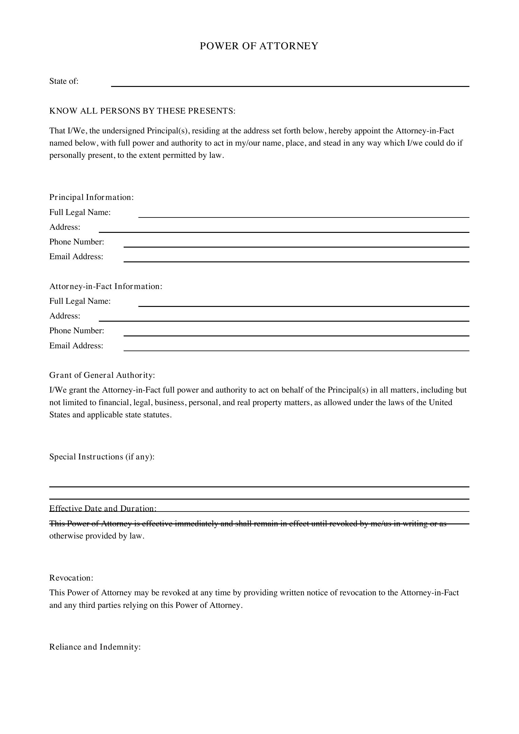 Power Of Attorney Template