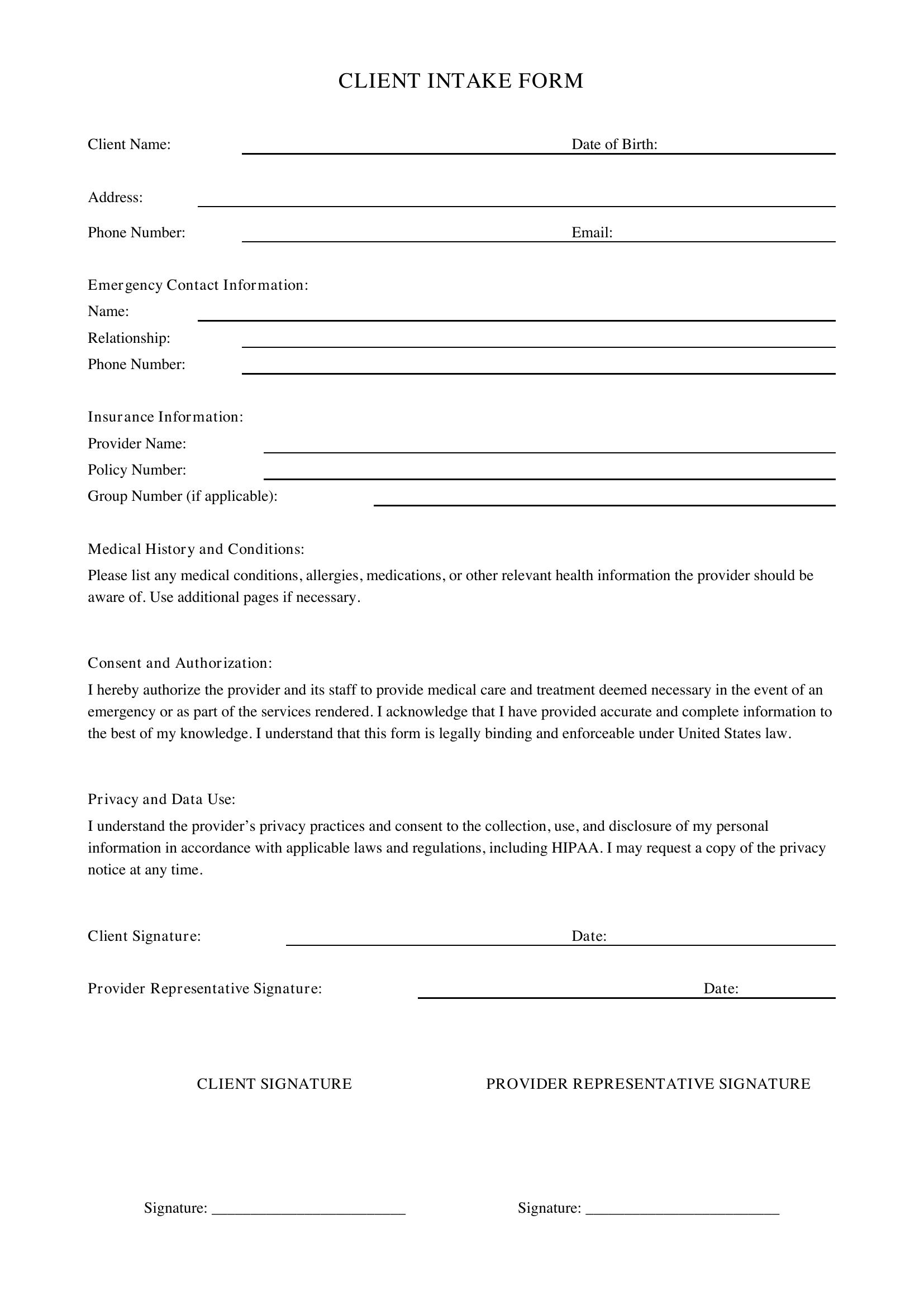 Printable Client Intake Form Template