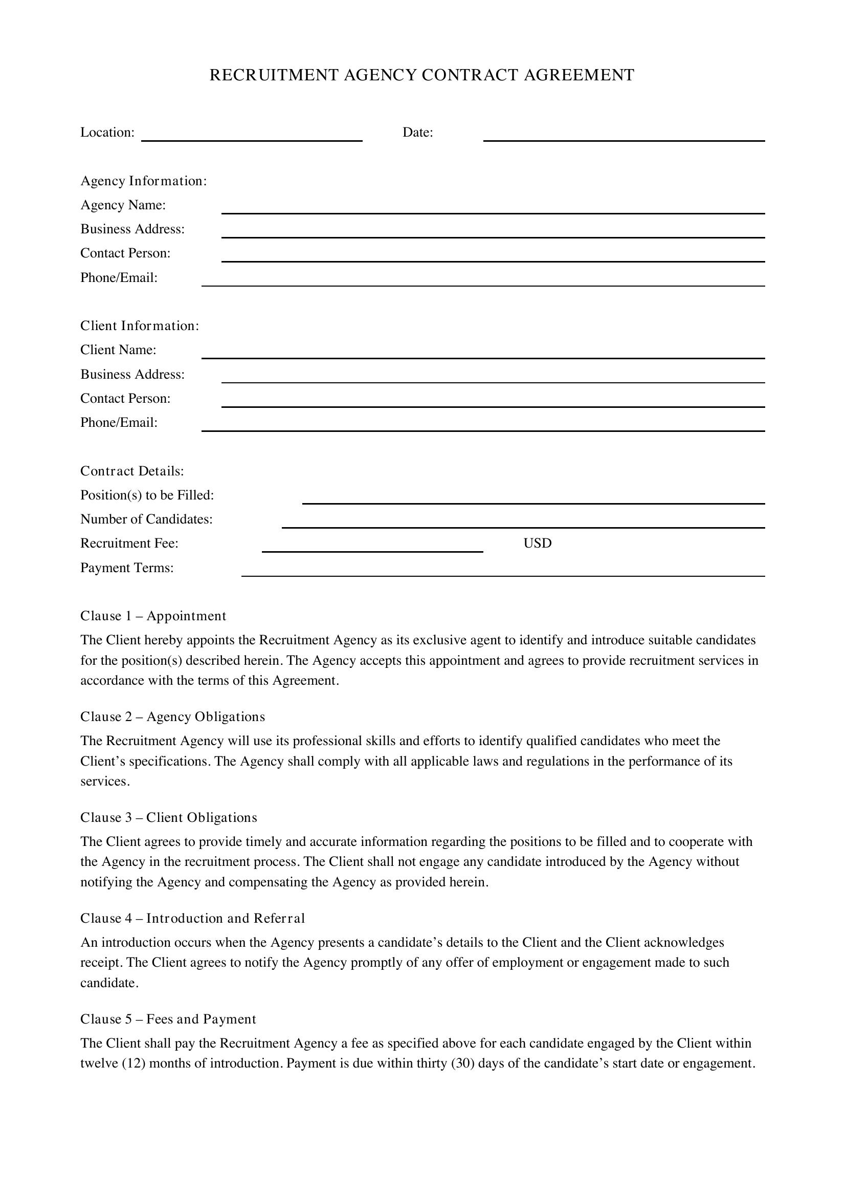 Recruitment Agency Contract Template