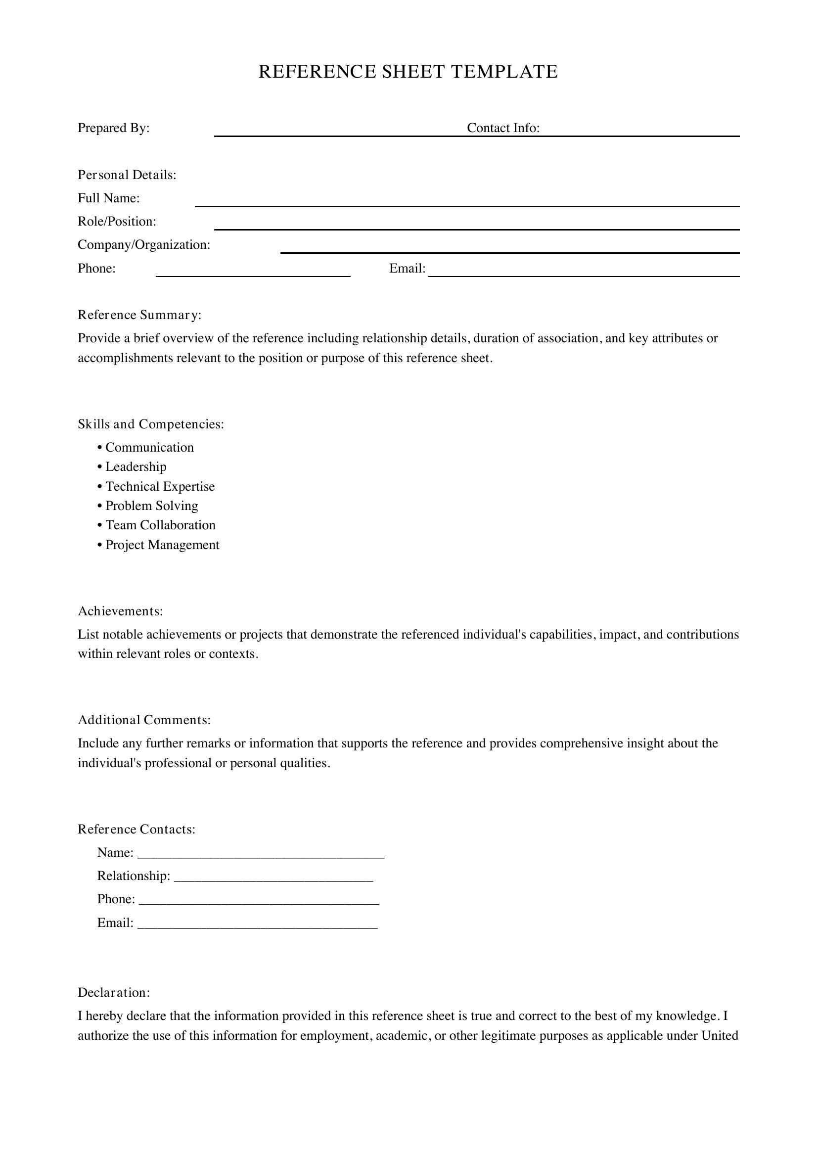 Reference Sheet Template