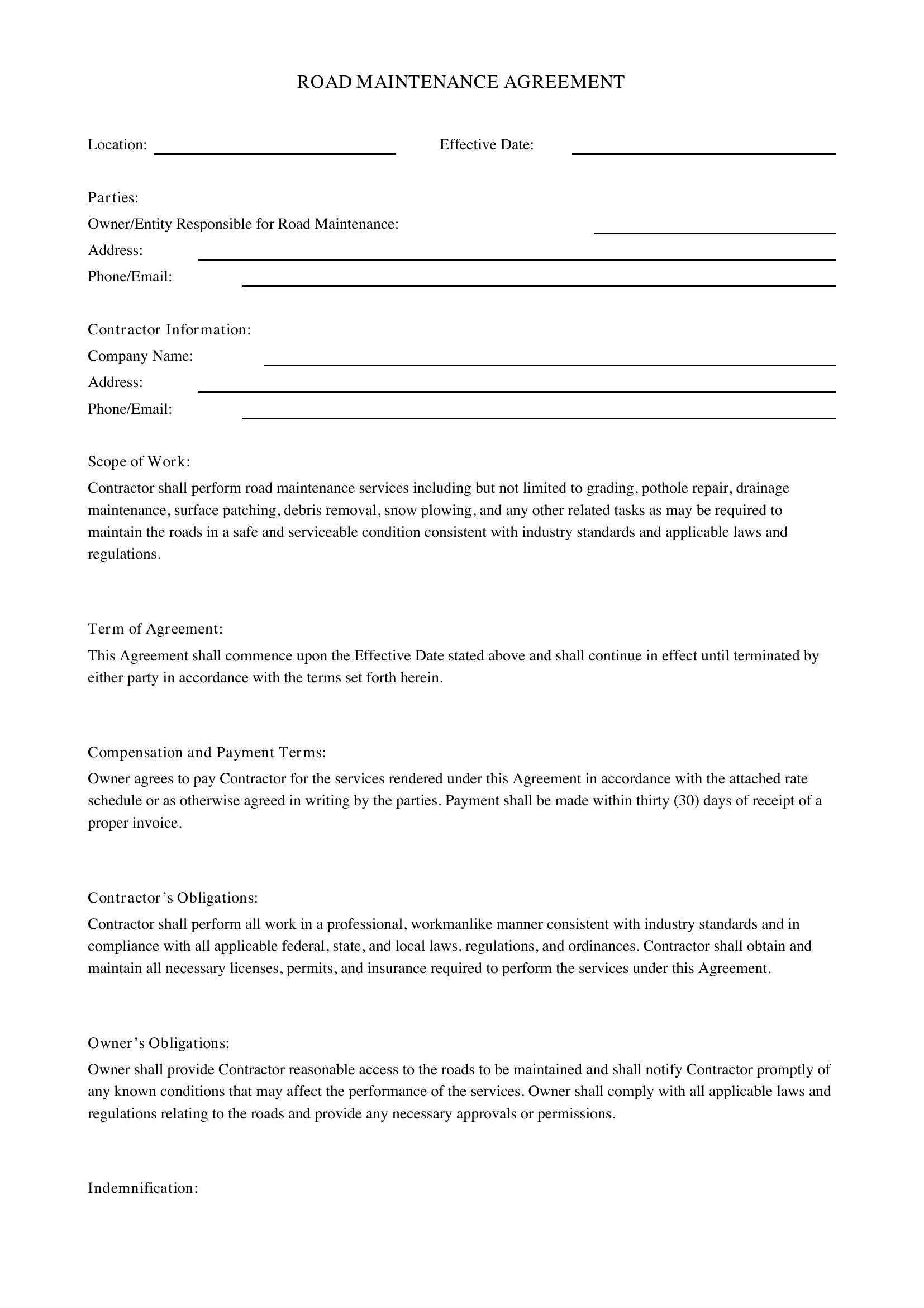 Road Maintenance Agreement Template