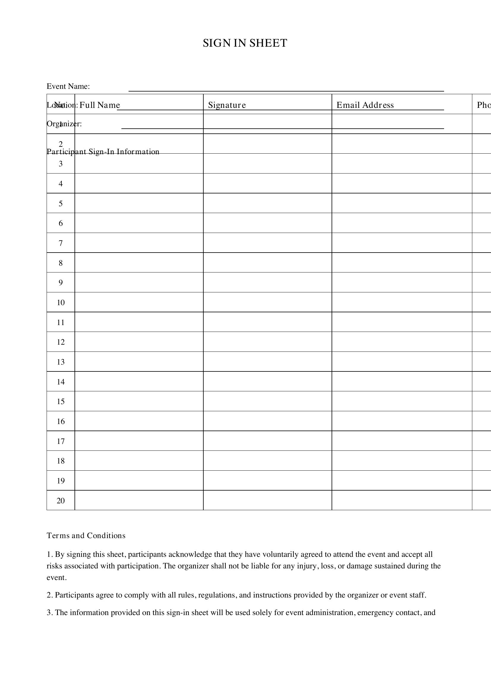 Sign In Sheet Template