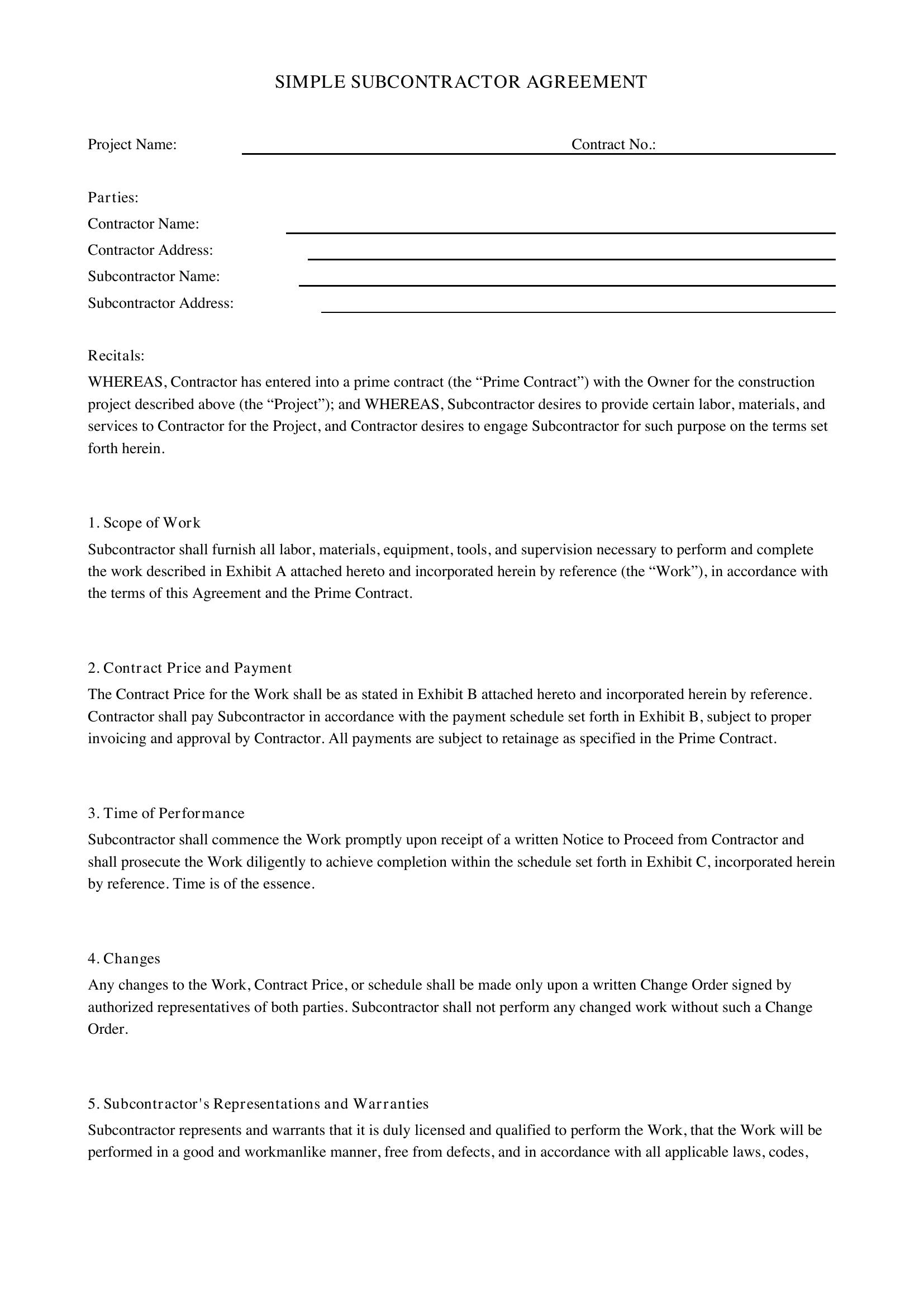 Simple Subcontractor Agreement Template
