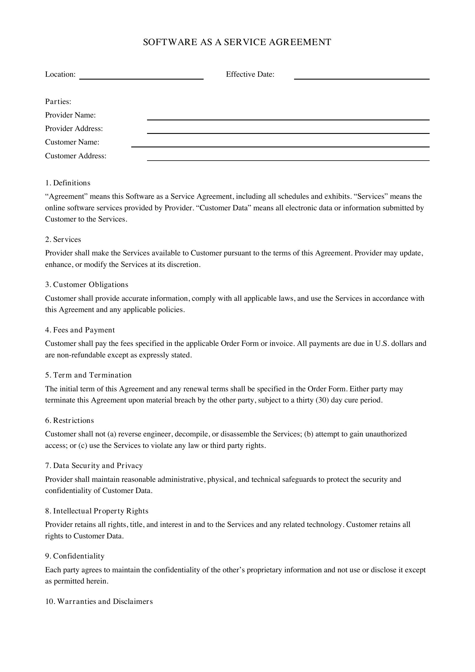 Software As A Service Agreement Template
