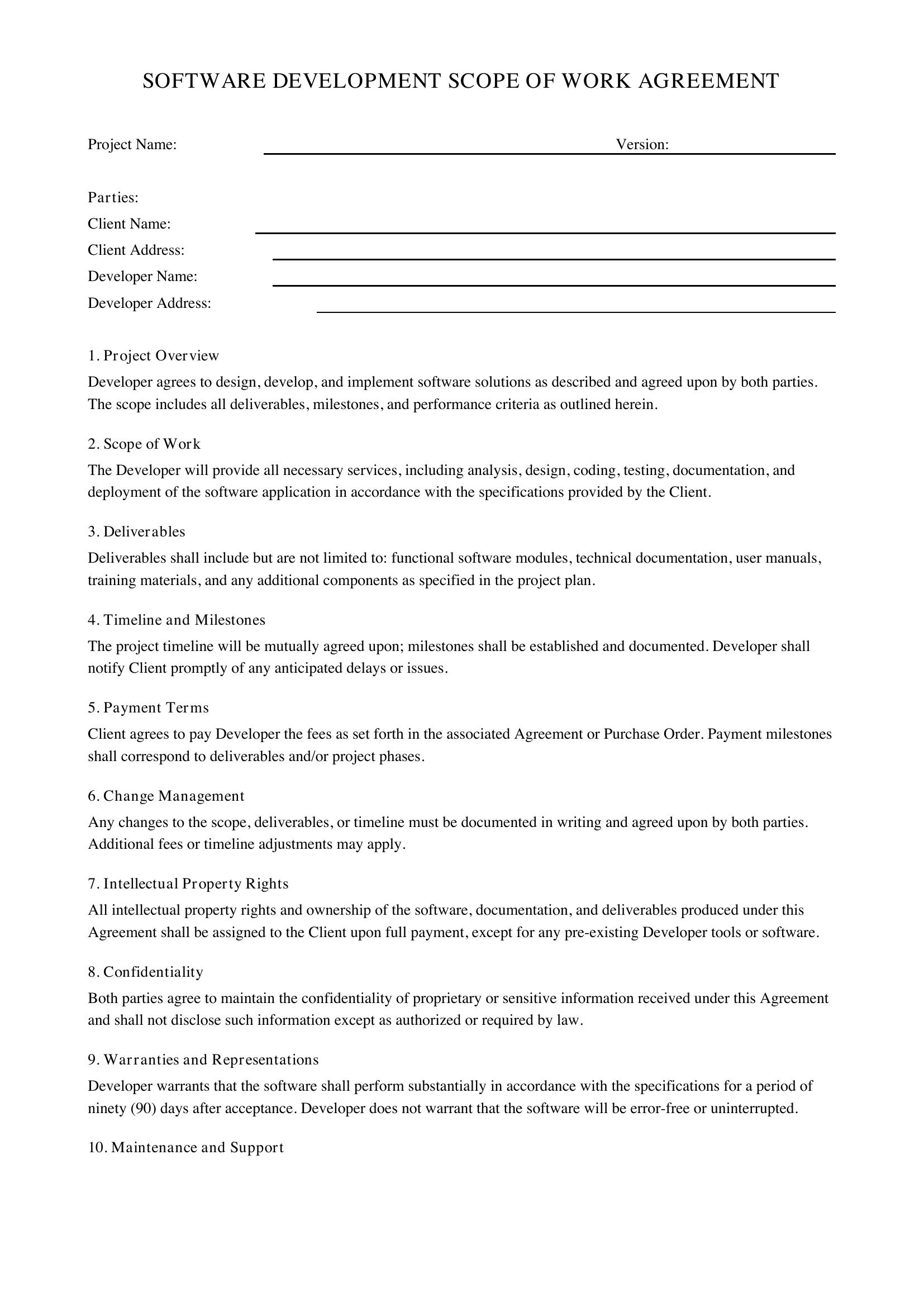 Software Development Scope Of Work Template