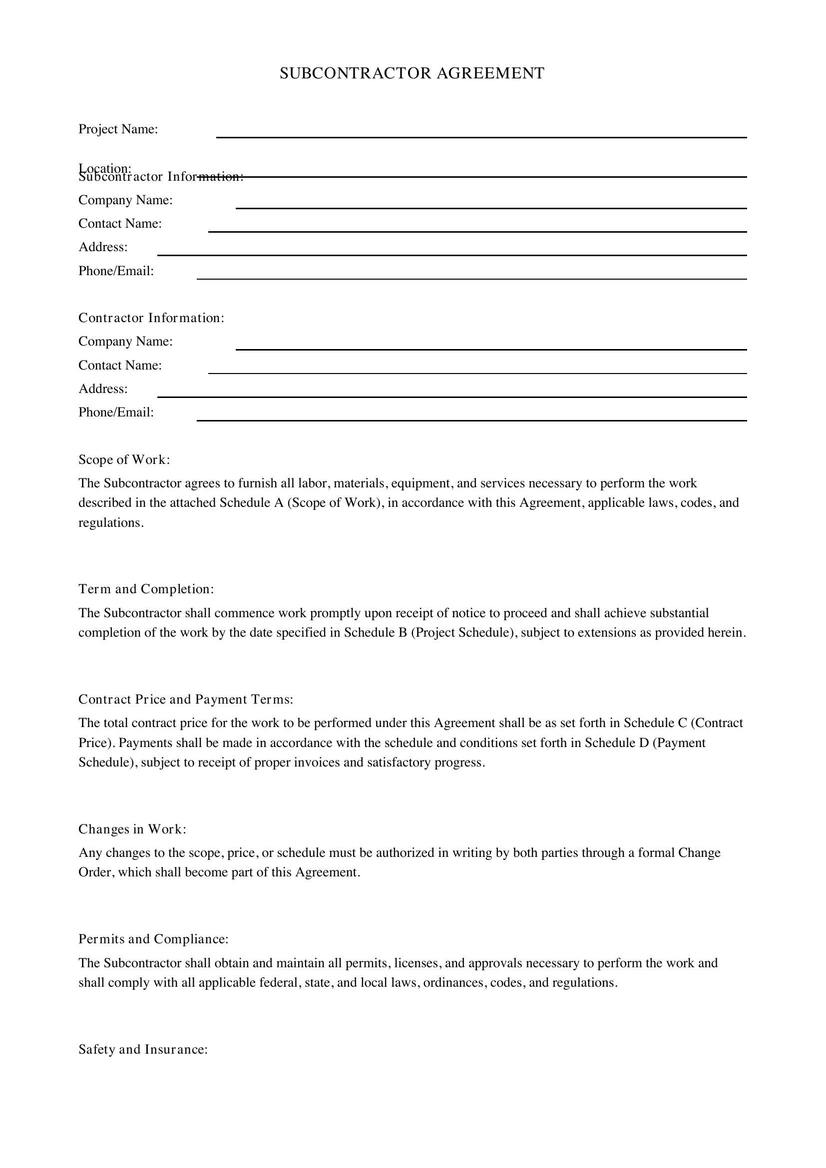 Subcontractor Agreements Template