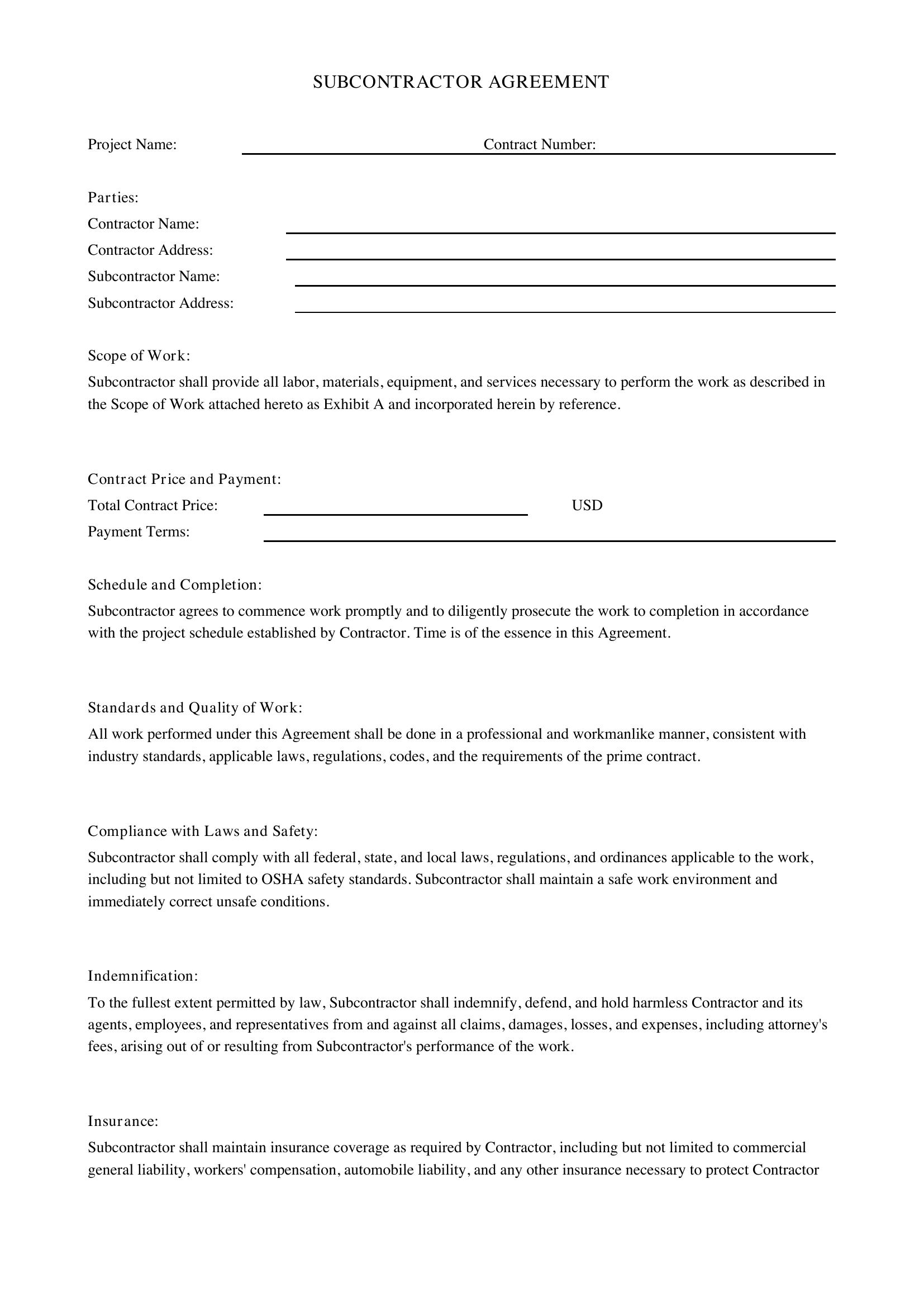 Subcontractor Contract Template