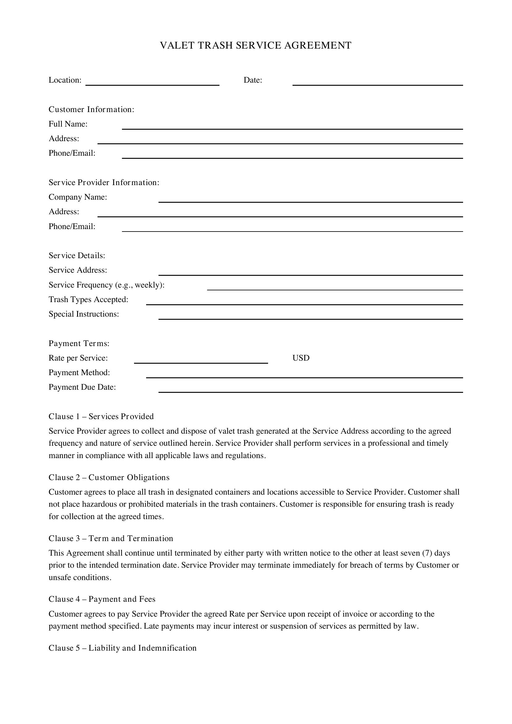 Valet Trash Contract Template