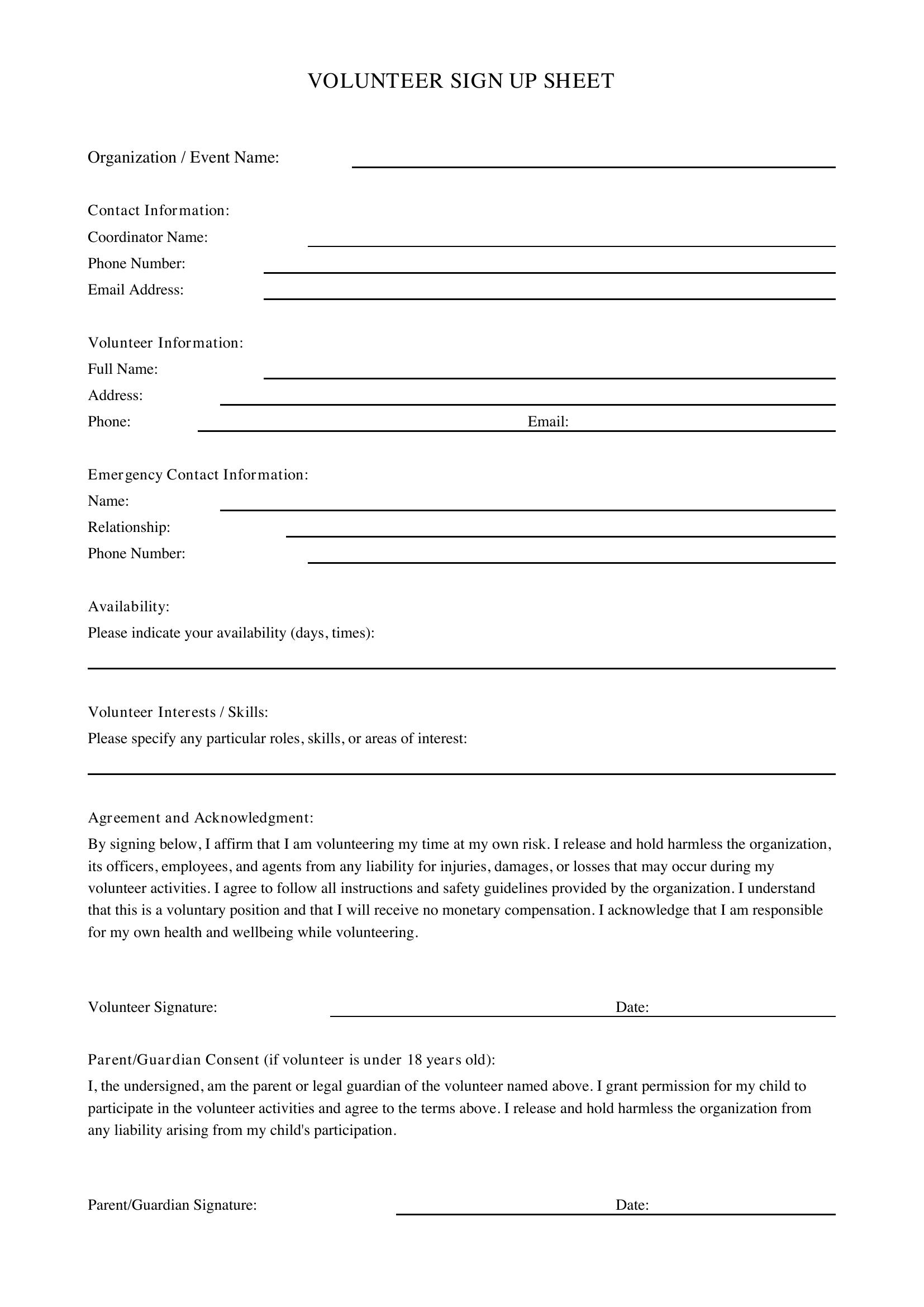 Volunteer Sign Up Sheet Template
