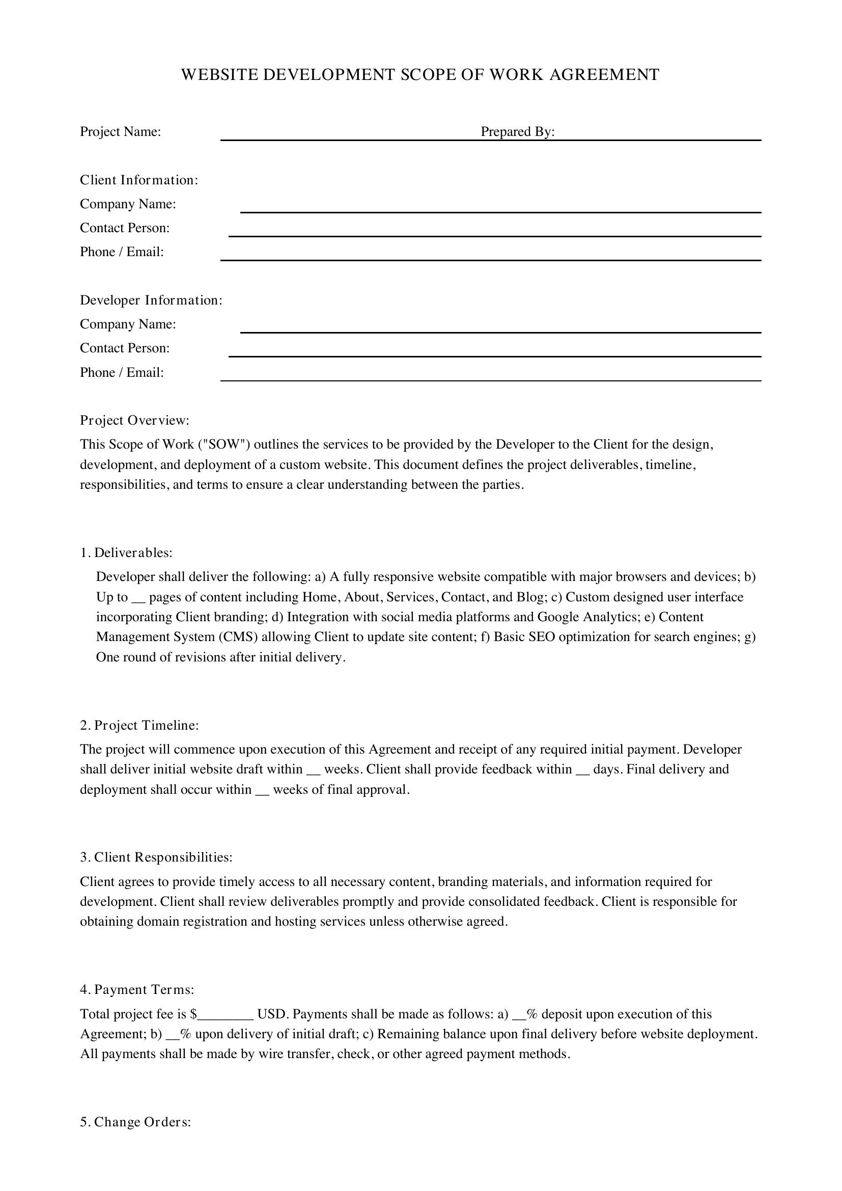 Website Scope Of Work Template